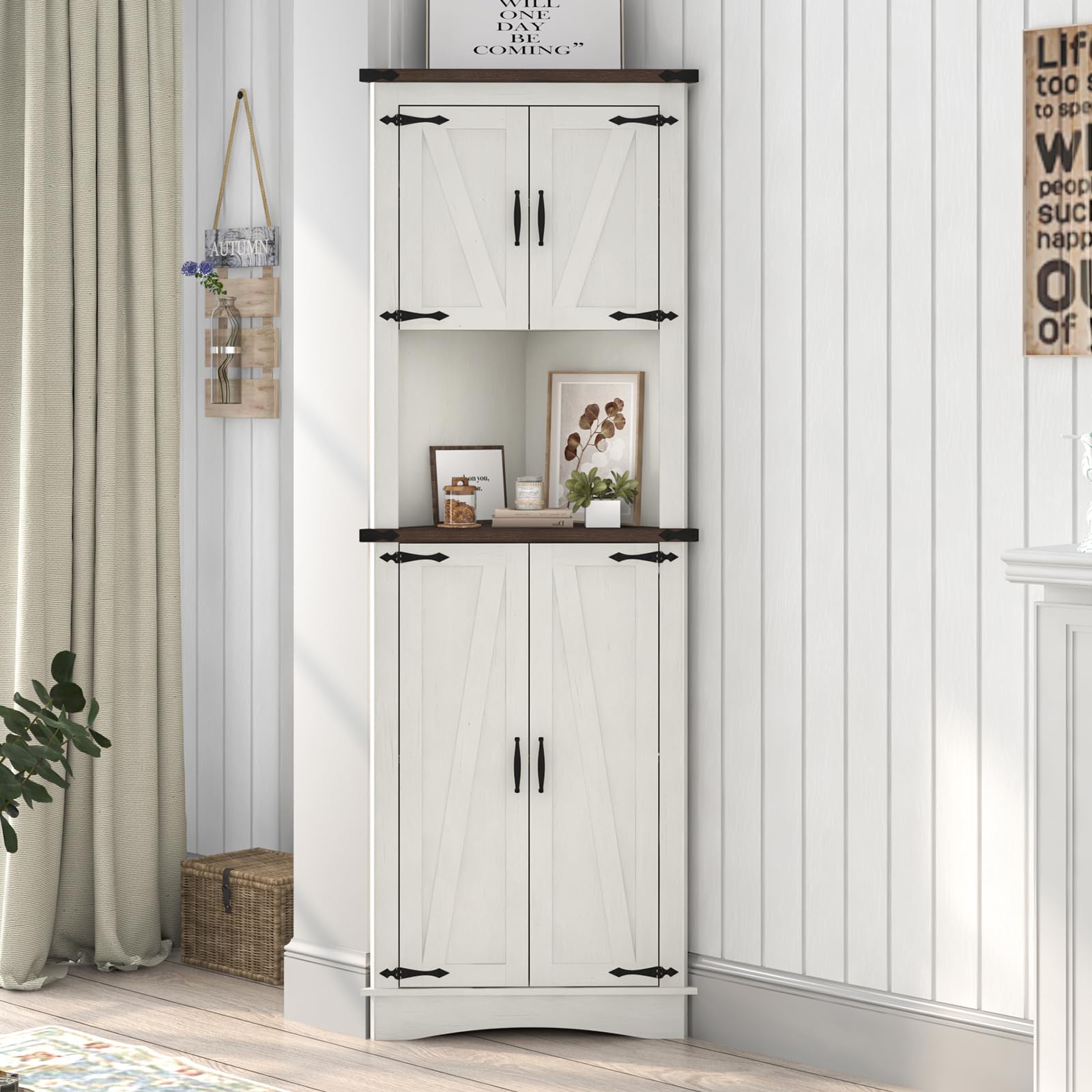 Hlivelood 68" Tall Farmhouse Corner Cabinet, 5-Tier Storage Cabinet with 4 Barn Doors & Adjustable Shelves, Bathroom Cabinet with Storage for Living Room, Kitchen, Bathroom, Rustic White