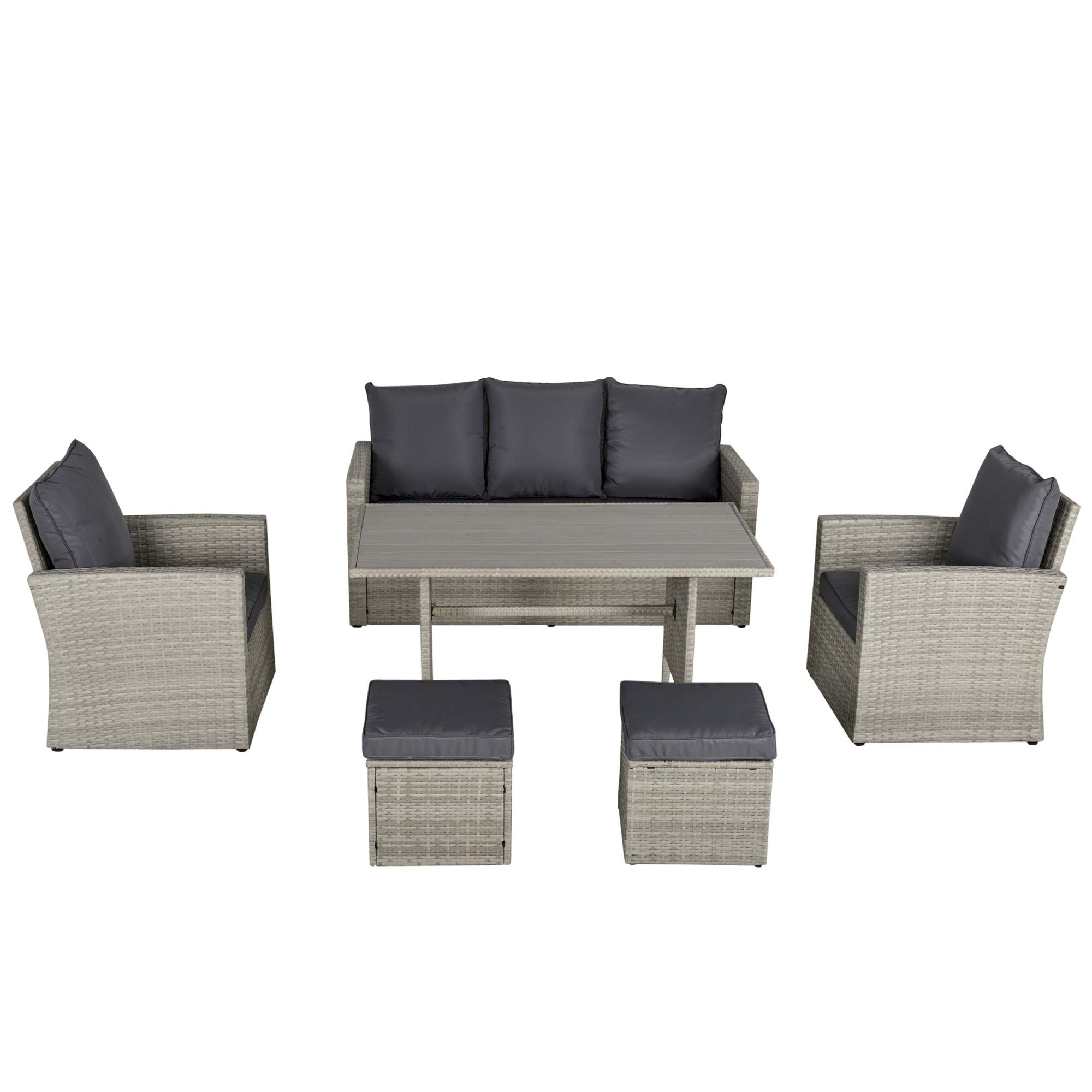 Outsunny 6 Piece Patio Dining Set, PE Rattan Furniture Set with 2 Chairs Cushions & Outdoor Three Seat Sofa, Woodgrain Slatted Dinner Table, Mixed Gray