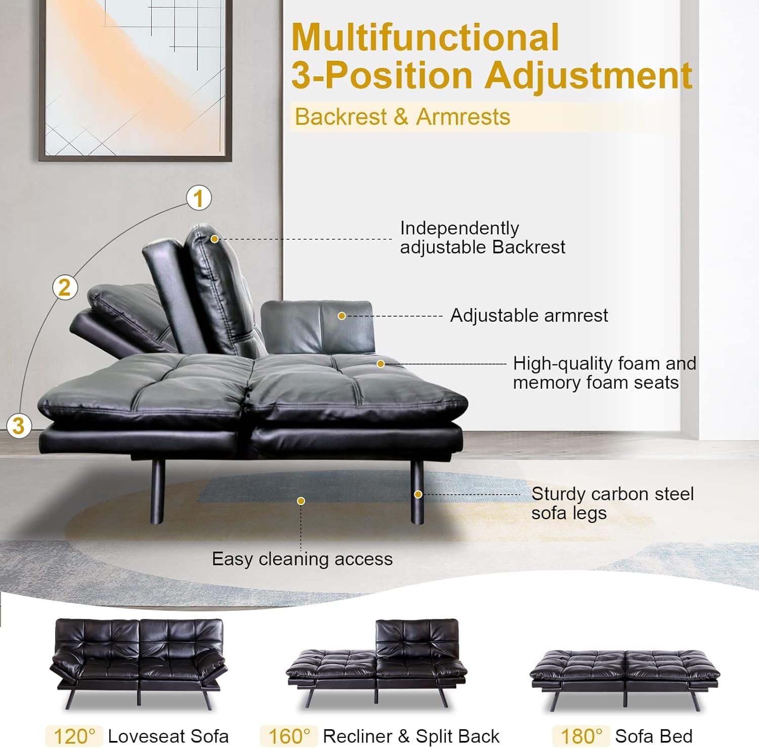 MUUEGM Futon Sofa Couch Bed Memory Foam Futon Couch Convertible Couch Bed Modern Sofa Sleeper Couch Love Seat for Living Room,Small Space,Office,Adjustable Backrests&Armrests Sofabed Black