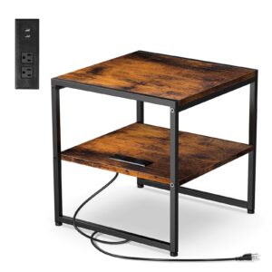 tatub 20" end table with charging station, industrial square side table with usb ports & outlets, versatile 2-tier small nightstand for bedroom living room, rustic brown