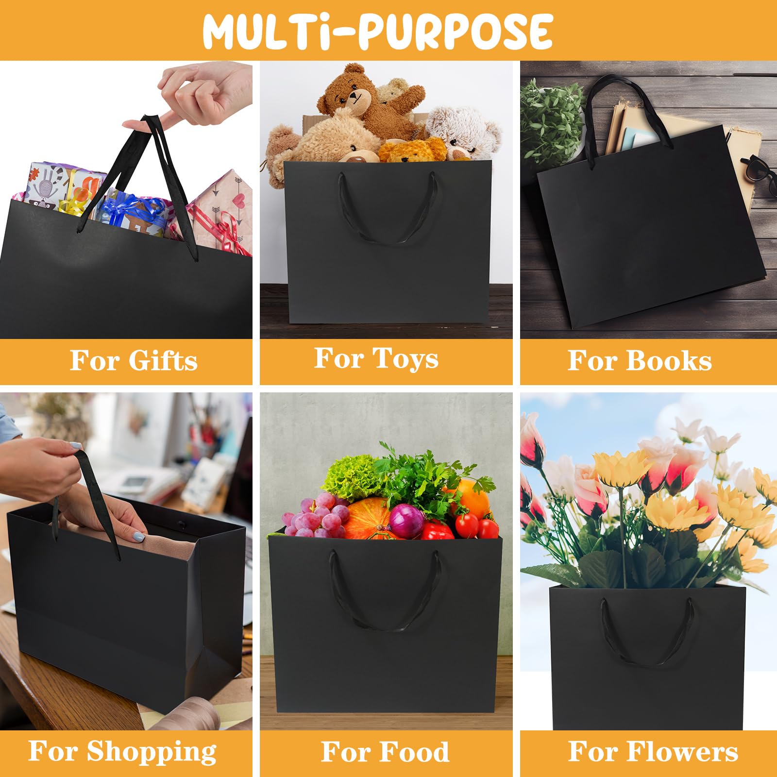 12 Pack Medium 10.6"x3.2"x8.3" Black Gift Bags with Tissue Paper, Kraft Shopping Bags with Ribbon Handles, Retail Wrapping Bags Set for All Occasions