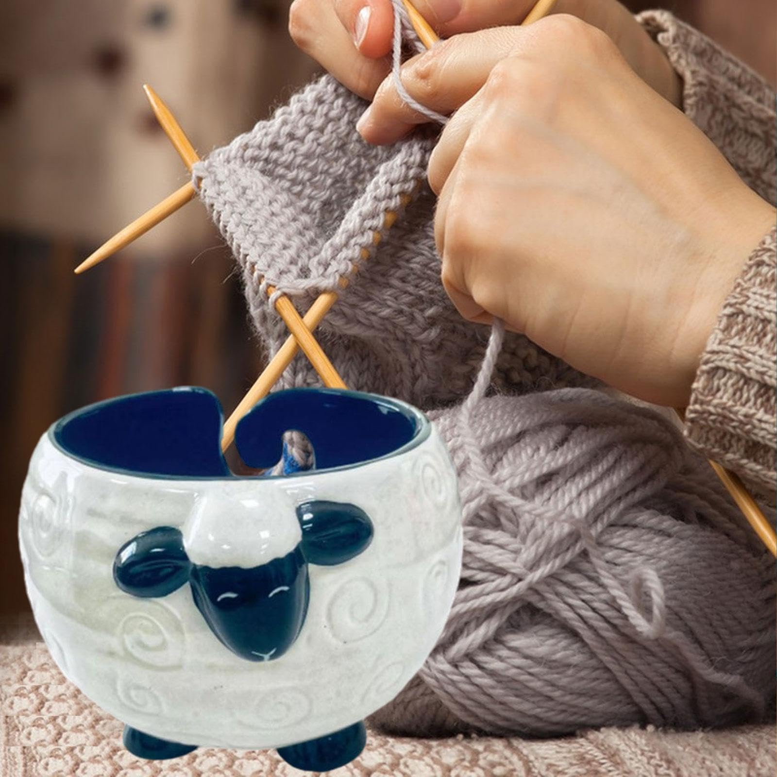 Fancyes Yarn Bowl Yarn Holder with Drills Holes Handmade Sheep Shape Decor Accessories Yarn Wool Large Knitting Bowl Crocheting Bowl