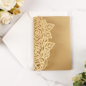 Maffily 50pcs Gold Laser Cut Wedding Invitations Card Pocket with Envelope and RSVP Cards 5x7 '' Tri-Fold Wedding Invitation Kit for Wedding Engagement Bridal Shower Birthday Quinceanera Party Invite