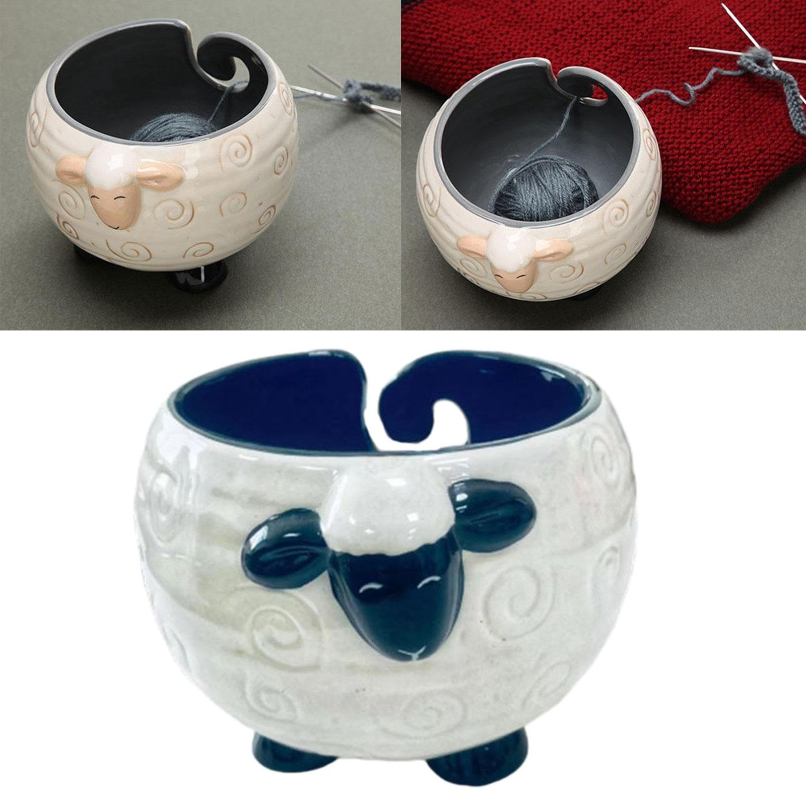 Fancyes Yarn Bowl Yarn Holder with Drills Holes Handmade Sheep Shape Decor Accessories Yarn Wool Large Knitting Bowl Crocheting Bowl