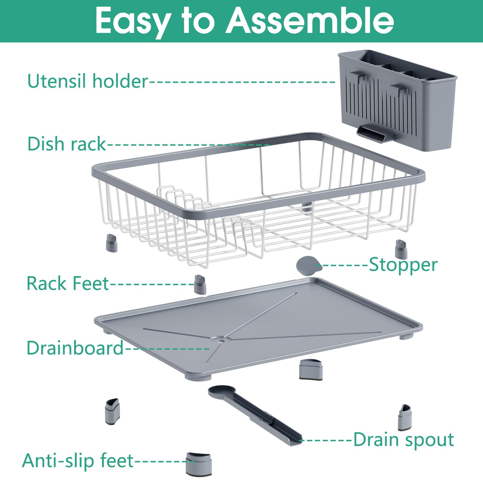 Hiviweer Dish Drying Rack - Space-Saving Dish Rack,Dish Racks for Kitchen Counter with Drainboard, Rustproof Dish Drainer with a Removable 4-Compartment Utensil Holder,Gray