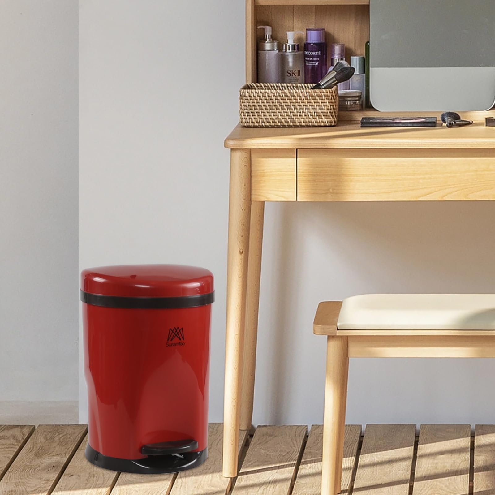 Lesbin 2.6 Gallon Plastic Round Bathroom Step Trash Can with Soft Close Lid, Step Trash Bin with Removable Inner Bucket, Red