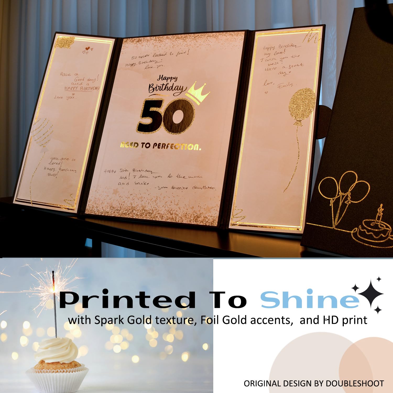 DOUBLESHOOT 50th Birthday Guest Book Alternative Black Gold Party Decorations for Men 12"x18" - 50 Years Sign in Poster Card Gift - Fifty Party Signature Book Keepsake - Table Centerpiece Decor