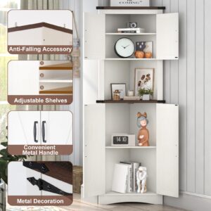 Hlivelood 68" Tall Farmhouse Corner Cabinet, 5-Tier Storage Cabinet with 4 Barn Doors & Adjustable Shelves, Bathroom Cabinet with Storage for Living Room, Kitchen, Bathroom, Rustic White