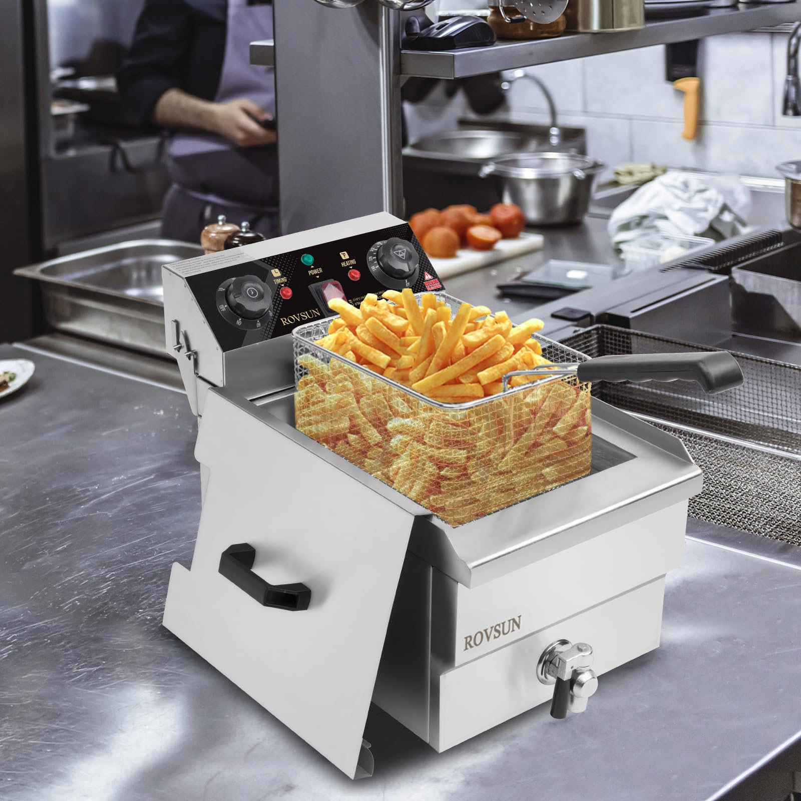 ROVSUN 12.5QT Electric Deep Fryer w/Frying Basket, Timer, Drain, & Lid, Stainless Steel Commercial Countertop Single Tank Oil Fryer, Adjustable Temperature, for French Fries Onion Rings, 1700W