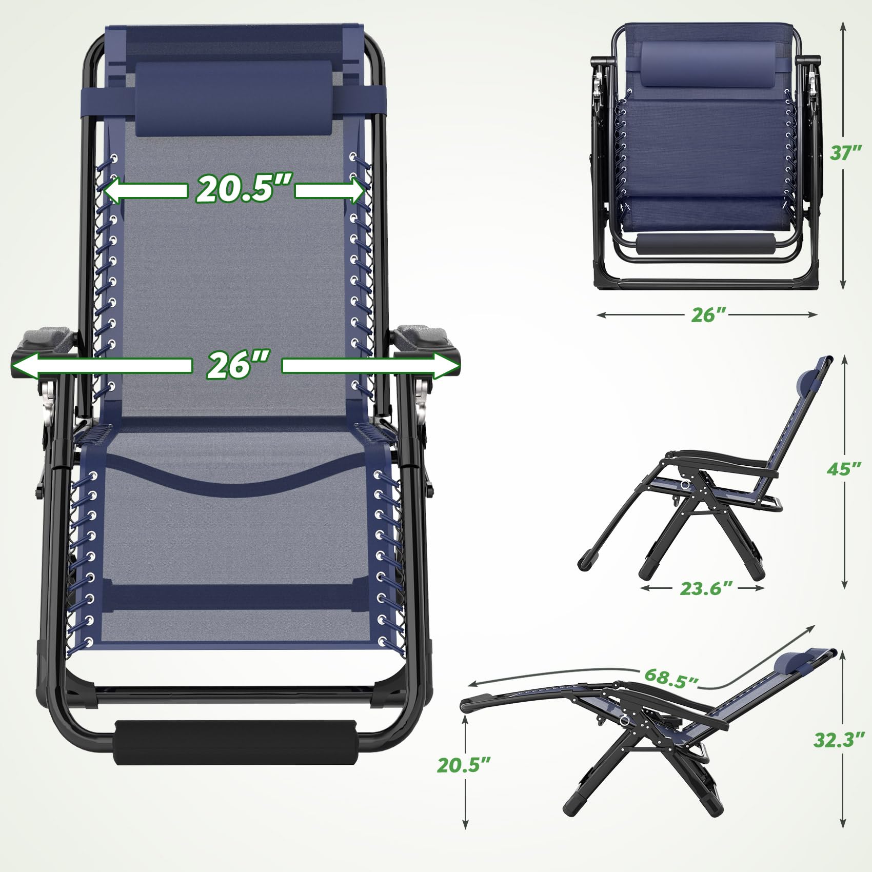 ZENPETIO 26In ZeroGravity Chair, Zero Gravity Recliner Lounge Chair for Indoor and Outdoor, Reclining Camping Chair for Lawn and Patio, Anti Gravity Chair w/Cushion, Cup Holder and Footrest, 440LBS