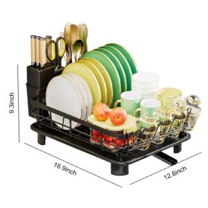 TC Lgog Dish Drying Rack for Kitchen Counter – Drainboard with 4 Slots Knife, Fork & Cup Holder Organizers, Rotating Swivel Spout, Durable Coated, Attractive Black