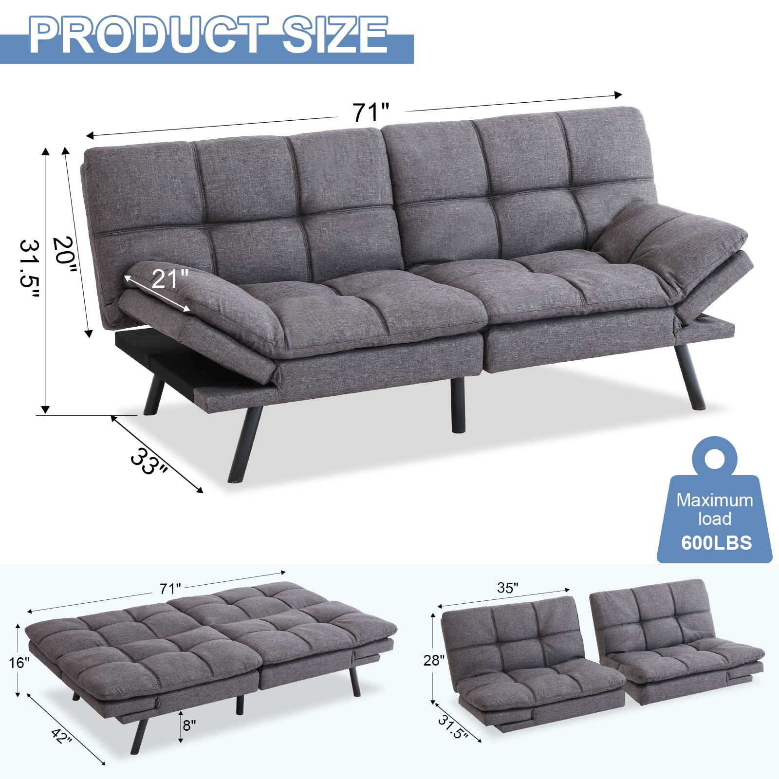 MUUEGM Futon Sofa Bed Couch,Memory Foam Convertible Futon Sleeper, Modern Love seat,Small Splitback Sofa for Living Room,Office,Apartment,Dorm,Compact Space,Adjustable Armrests Backrests,71",Grey