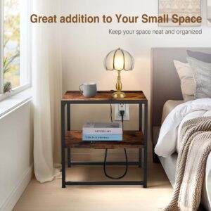 Tatub 20" End Table with Charging Station, Industrial Square Side Table with USB Ports & Outlets, Versatile 2-Tier Small Nightstand for Bedroom Living Room, Rustic Brown