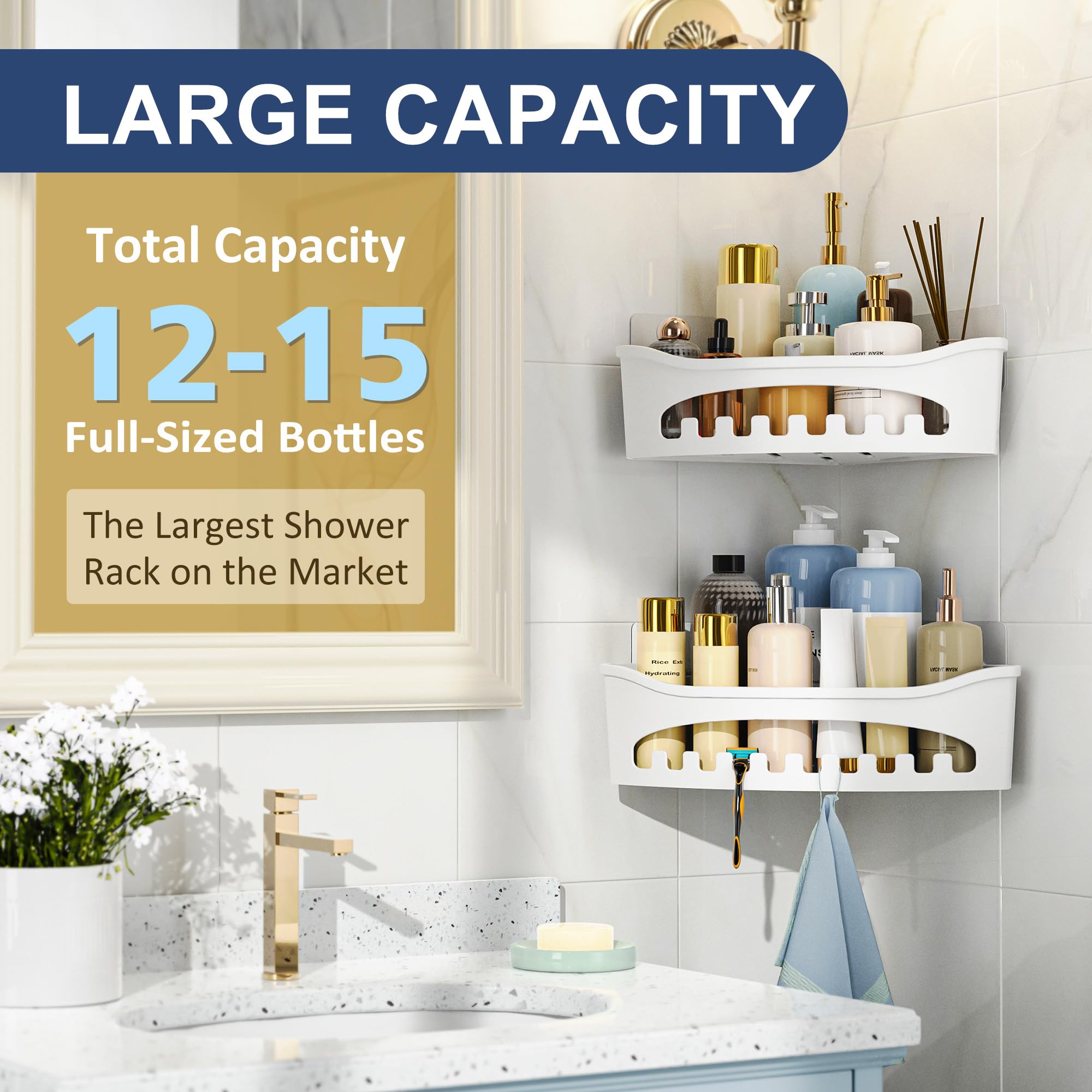 EACONPT 2 Pack Bathroom Organizers and Storage, Bathroom Countertop Organizer, Plastic Corner Shower Caddy Adhesive, Multipurpose Shower Shelf for Small Kitchen Bathroom Countertop Laundry, White