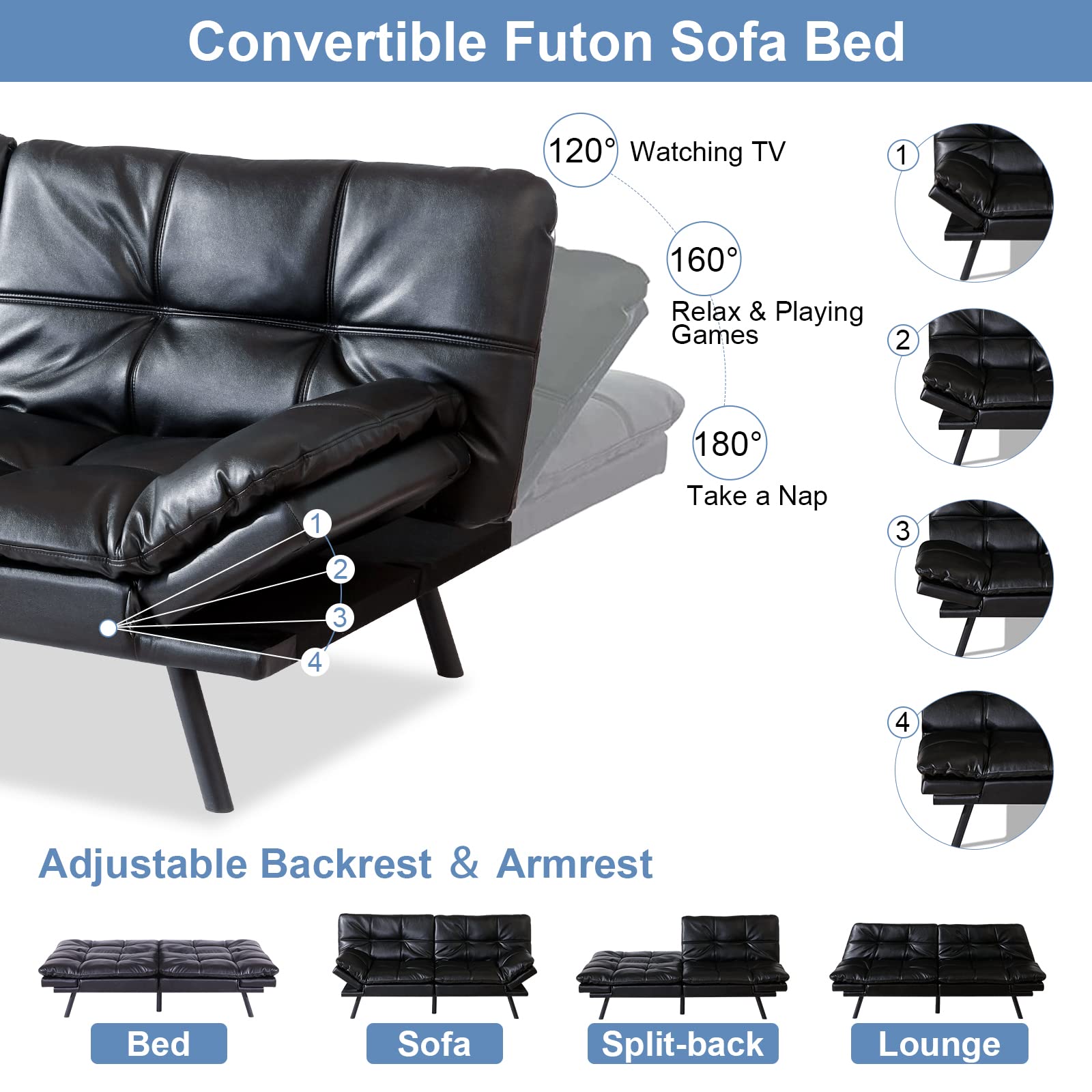 MUUEGM Futon Sofa Bed Convertible Couch Sleeper,Memory Foam Modern Love seat for Living Room,Office,Apartment,Dorm,Compact Small Space,Adjustable Armrest Backrest,71" Sofabed, Black