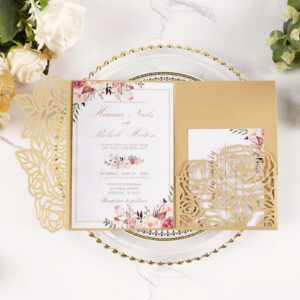 maffily 50pcs gold laser cut wedding invitations card pocket with envelope and rsvp cards 5x7 '' tri-fold wedding invitation kit for wedding engagement bridal shower birthday quinceanera party invite