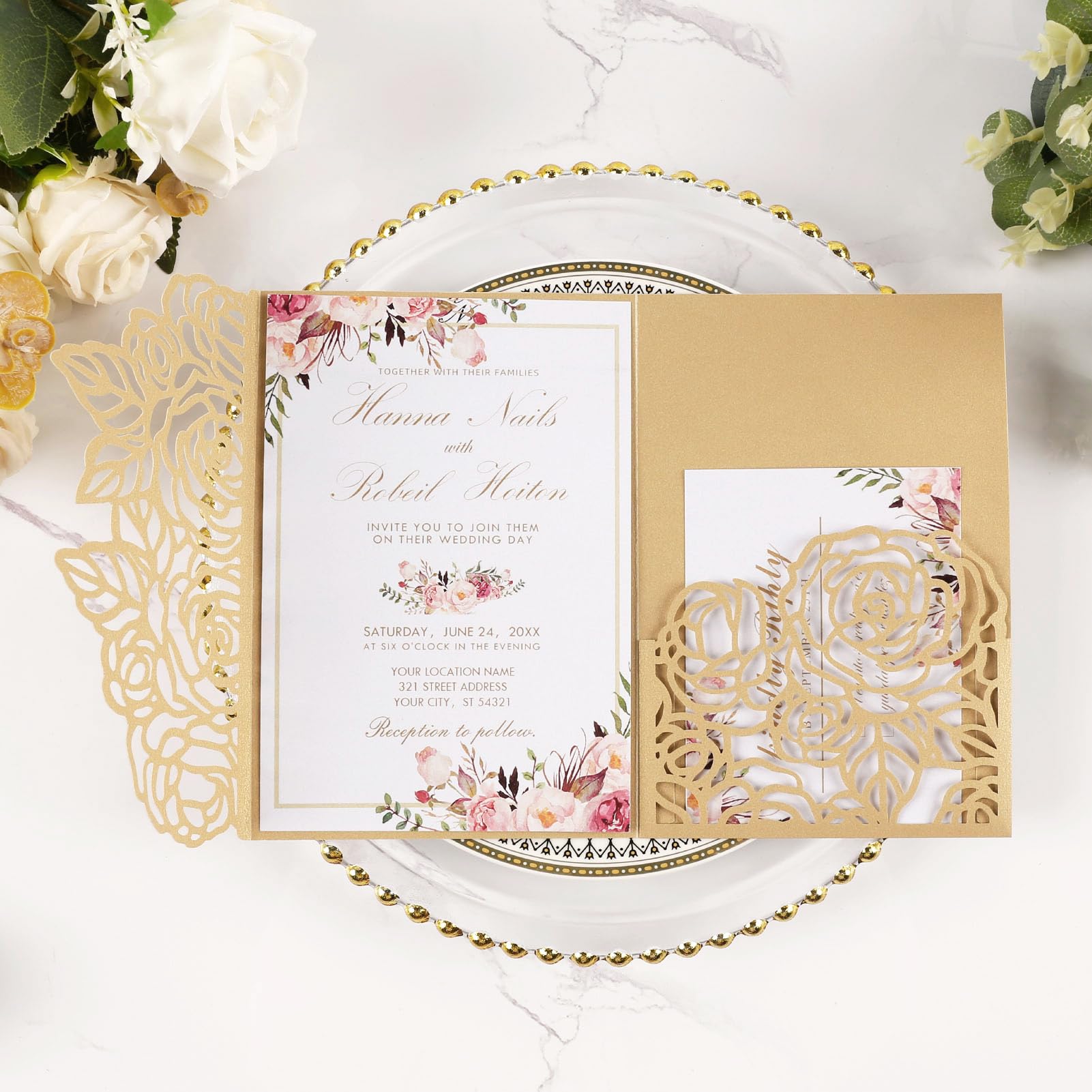 Maffily 50pcs Gold Laser Cut Wedding Invitations Card Pocket with Envelope and RSVP Cards 5x7 '' Tri-Fold Wedding Invitation Kit for Wedding Engagement Bridal Shower Birthday Quinceanera Party Invite