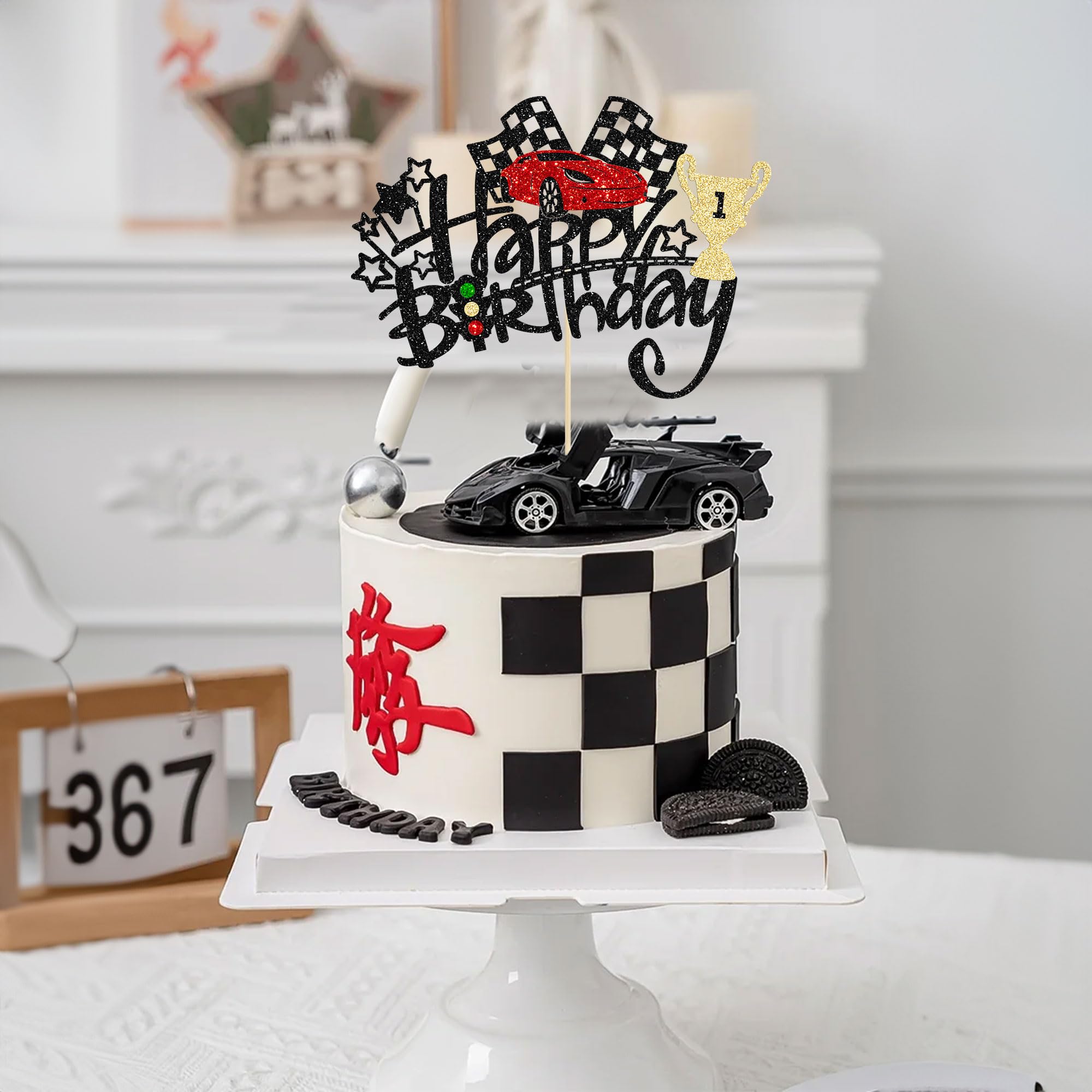 1Pc Race Car Happy Birthday Cake Topper Glitter Traffic Light Trophy Flag Helmet Racing Car Cake Picks for Let's Go Racing Theme Baby Shower Boys Birthday Party Decorations Supplies