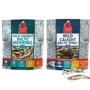 plato baltic fish dog treats variety pack, (1) sprat 3oz and (1) herring 3oz, 6oz total