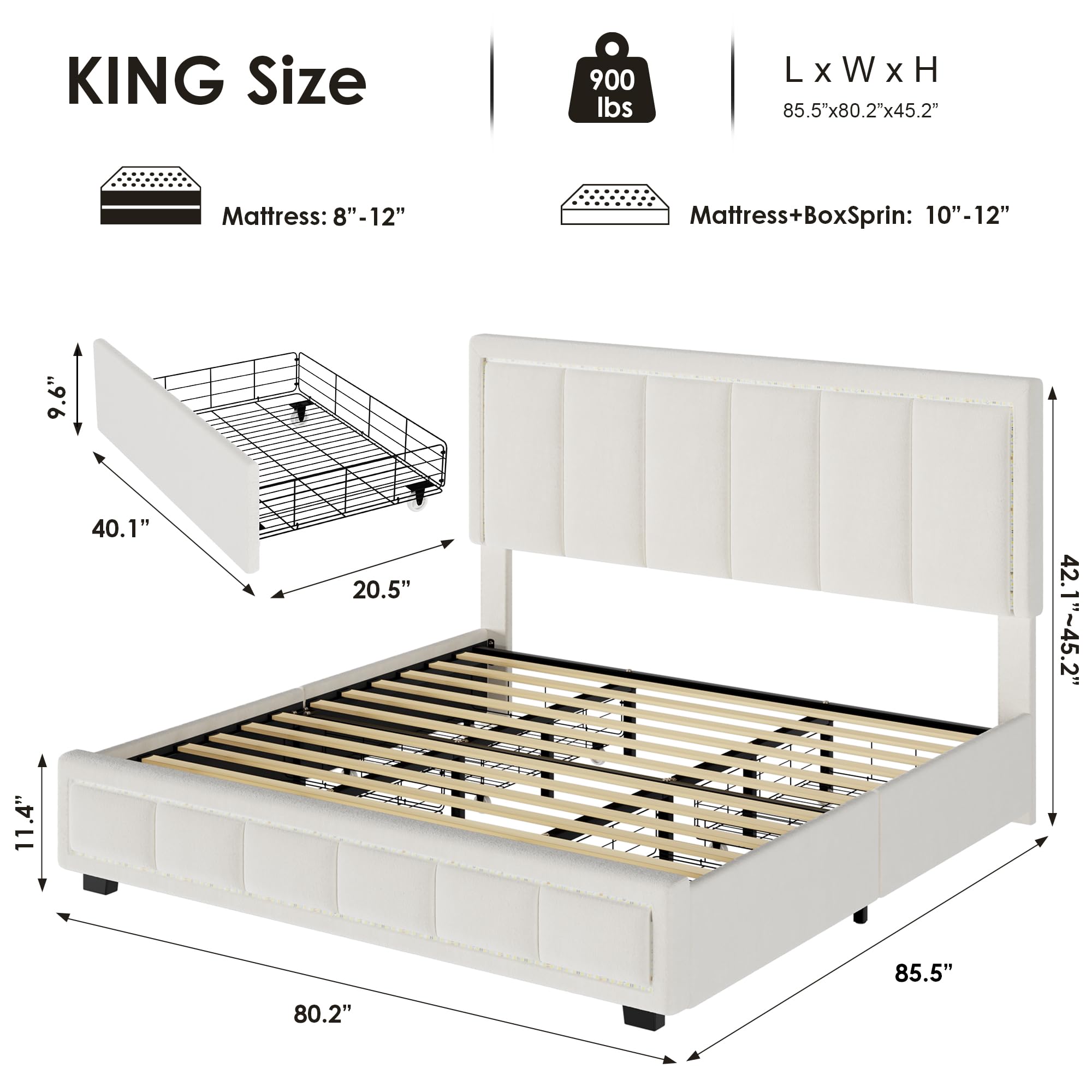 King Size Bed Frame, Upholstered LED Bed Frame with 4 Storage Drawers, Platform Bed with Adjustable Headboard, Solid Wooden Slats Support, No Box Spring Needed, Off White