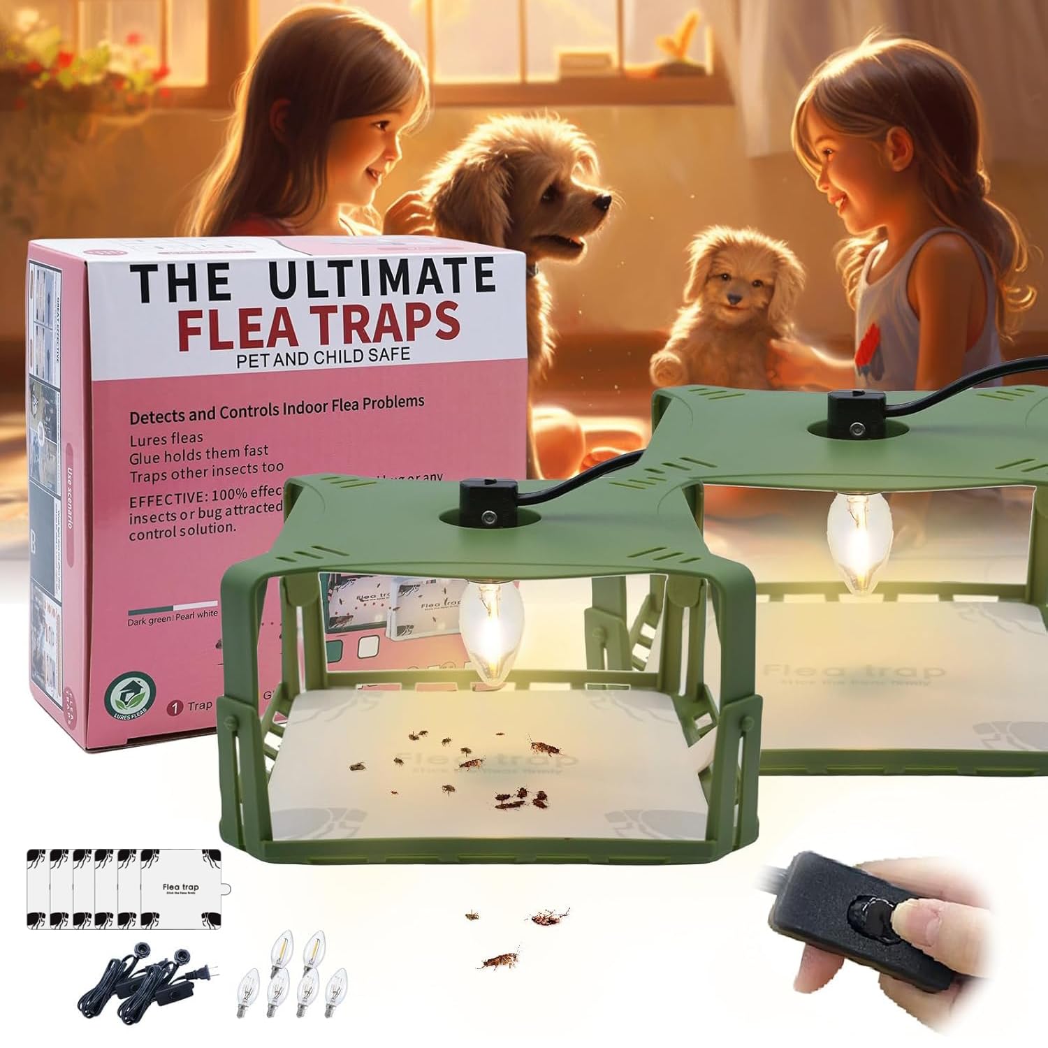 Flea Traps for Inside Your Home, Flea Killer Trap Indoor Natural Safe Pest Control Trapper House Sticky Insect Killer with Light & Switch Bed Bug Trap, Safe for Kid & Pet, 2 Packs Green