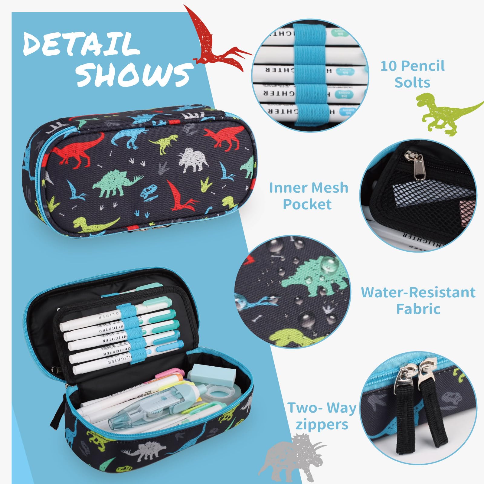 Pencil Case for Boys,Large Capacity Multi-slot Kids Mark Pouch, Adult Big Pencil Bag with Zipper, Teens Large Storage Pencil Box for School College Middle School Office(Black,Dinosaur)