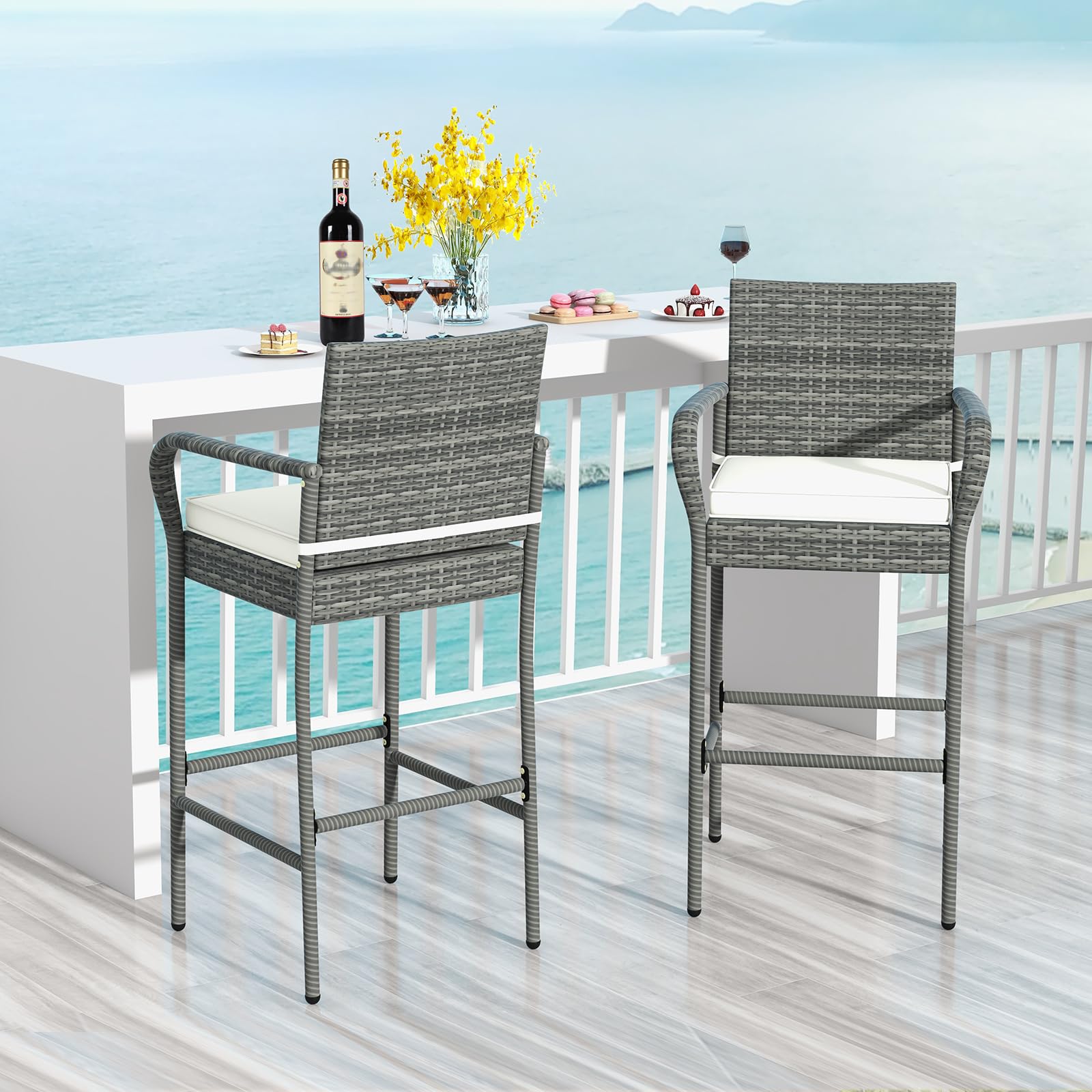 Tangkula Patio Wicker Barstools Set of 4, Outdoor PE Rattan Bar Chairs with Armrests & Soft Cushions, Stable Metal Frame, 400 lbs Max Load, Mix Brown PE Wicker Bar Chairs for Porch (2, Mix Gray)