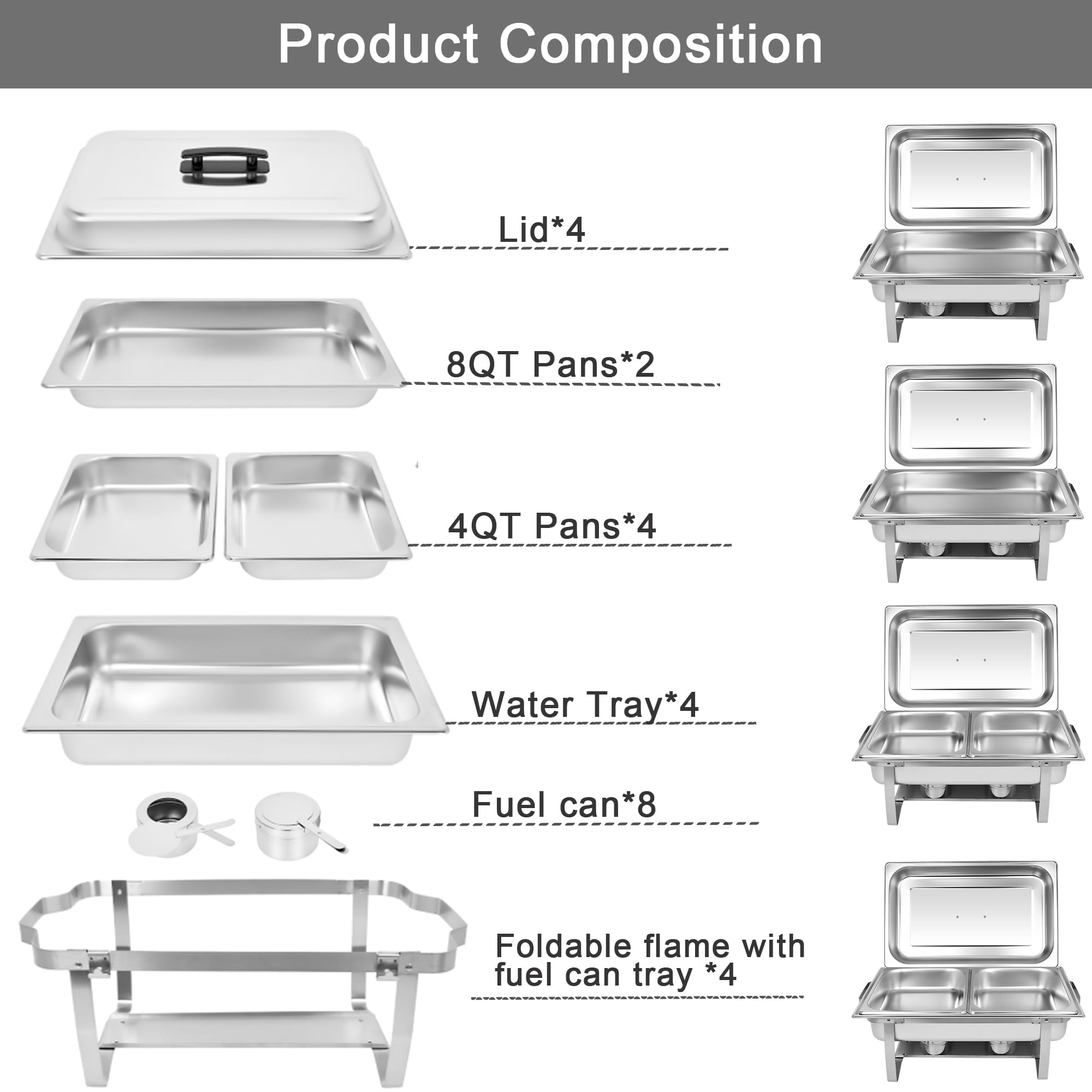 ORNKAT Chafing Dish Buffet Set[4 Pack] 8QT Stainless Steel Buffet Chafers,Catering Food Warmers Set with 6 Trays