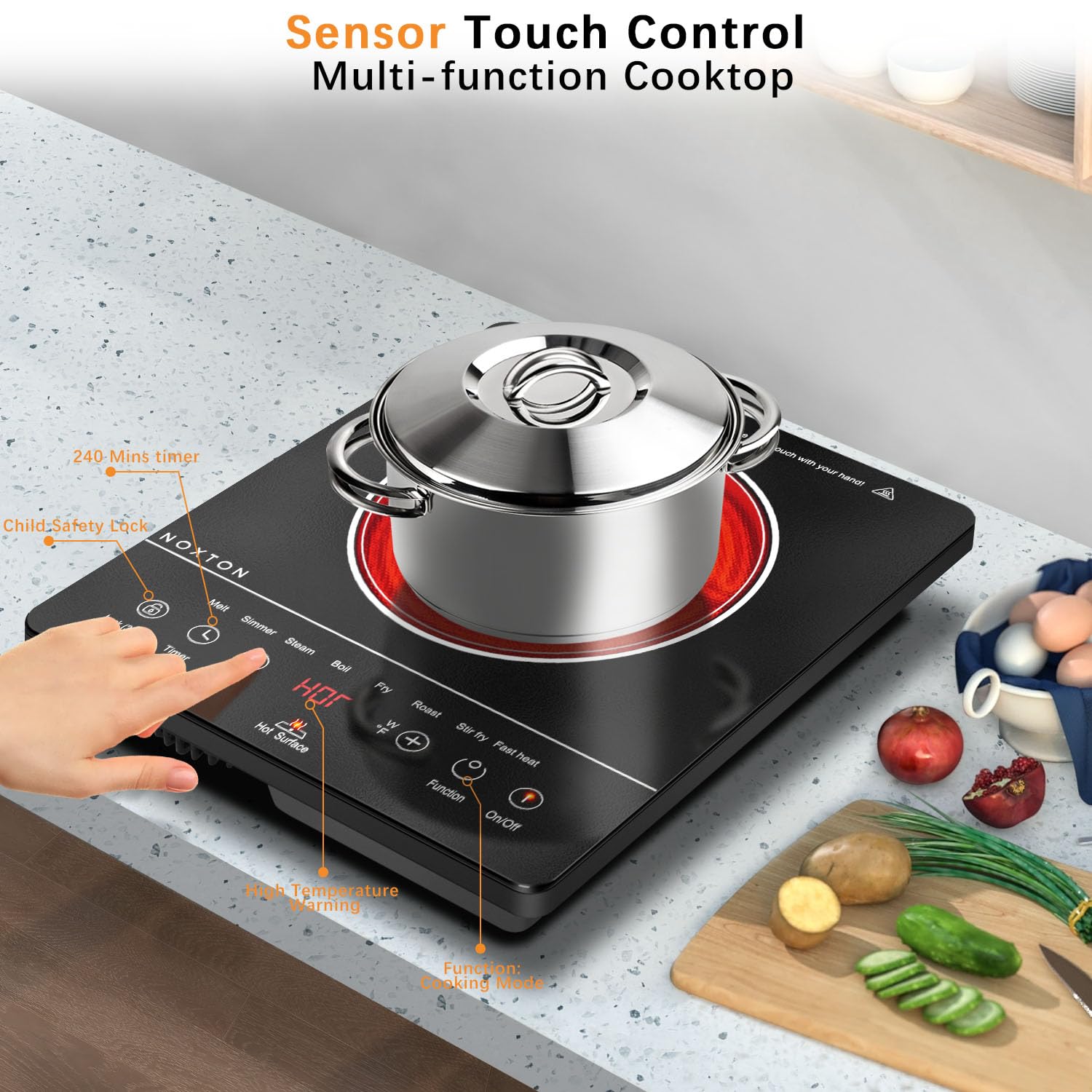 Noxton Portable Electric Stove, 1800W Electric Cooktop Single Burner Countertop with Child Safety Lock, Timer, Residual Heat Indicator, 110V Ceramic Infrared Hot Plate