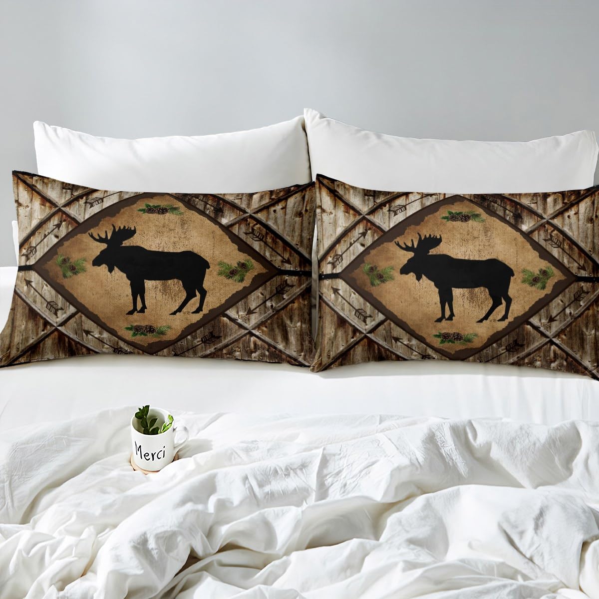 Moose Duvet Cover Queen Size 3 Pcs Barn Door Wooden Stripes Rustic Farmhouse Bedding Set for Kids Teens Adults Cartoon Tribal Arrow Wild Animal Plants Comforter Cover with 2 Pillowcases