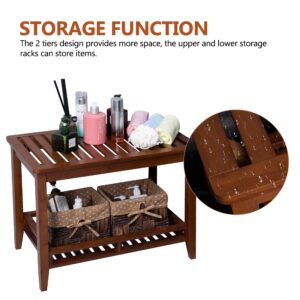 Forevich Bamboo Shower Bench Stool Bathroom Shower Chair Seat with Storage Shelf Spa Bath Foot Rest for Insider Shower Bathtub Elderly and Disabled Brown