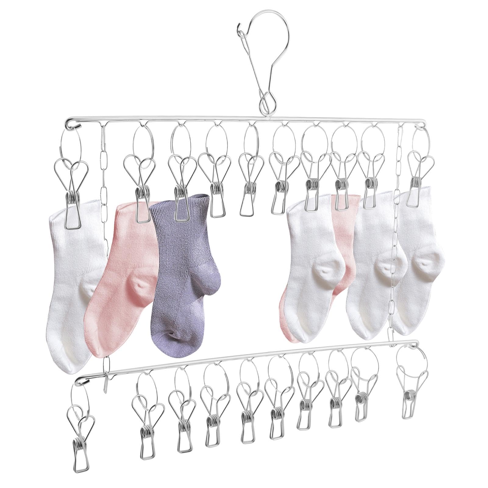 Zenquark Stainless Steel Sock Drying Rack, 2 Layers Swivel Hook Wind-Proof Sock Hanger Rack, Air Drying Rack with 20 Clips for Socks Underwear Knickers Shoe Insoles Baby Clothes Gloves