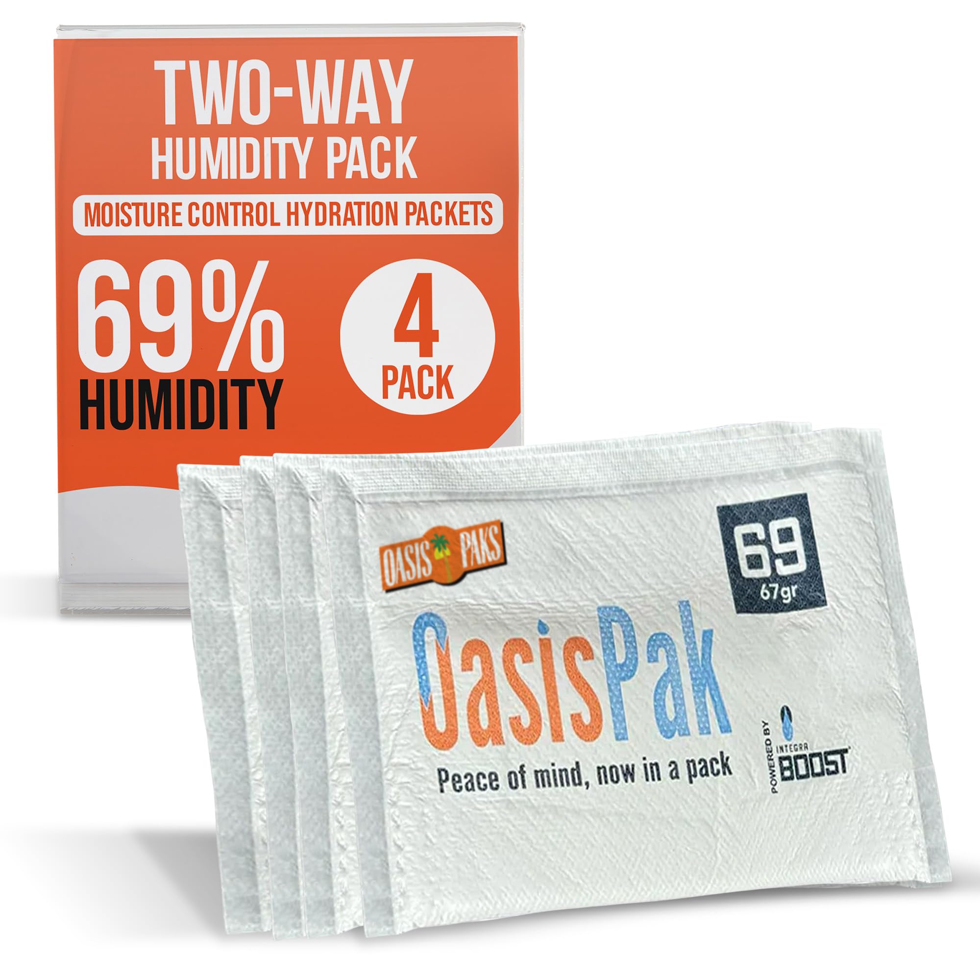 Oasis Pak Two-Way Humidity Packs - Ultimate Moisture Packs for Storage - Prevent Overdrying - Ideal Humidifier Packs & Hydration Packets - 67 Grams, 69% Humidity Level (Pack of 4)