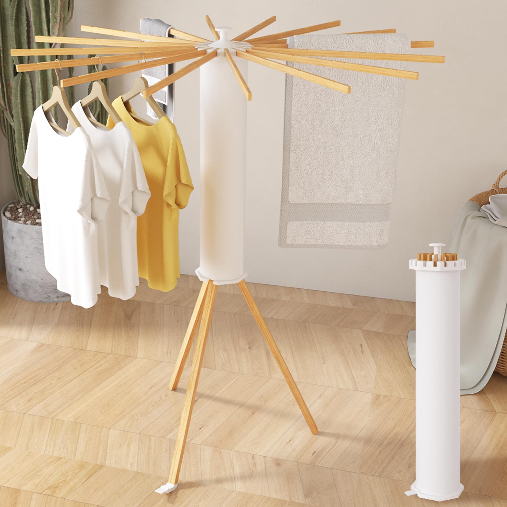 Preruner Foldable Tripod Clothes Drying Rack - Space Saving Design with 16 Expandable Drying Rods, Wooden Octopus Clothing Stand for Home, Balcony and Bedroom Use