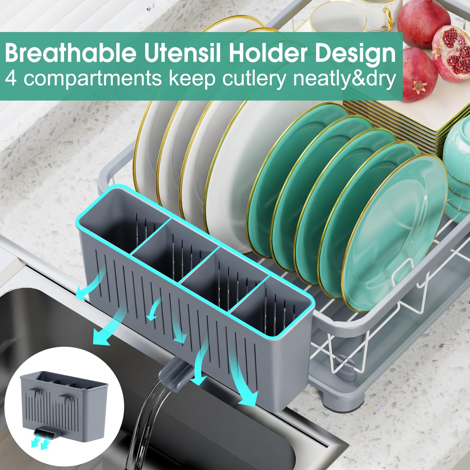 Hiviweer Dish Drying Rack - Space-Saving Dish Rack,Dish Racks for Kitchen Counter with Drainboard, Rustproof Dish Drainer with a Removable 4-Compartment Utensil Holder,Gray