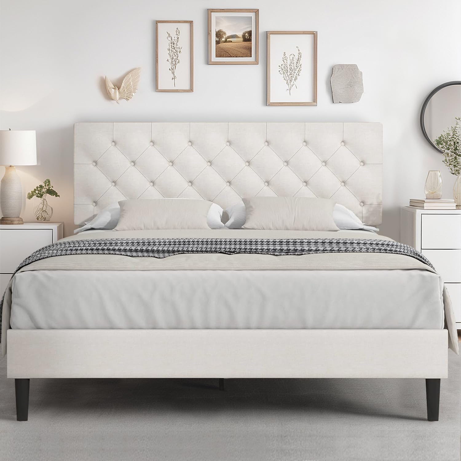 HOMBCK Queen Bed Frame with Headboard, Linen Fabric Upholstered Bed Frame Queen, Wood Slats Support, Button Tufted, No Box Spring Needed, White