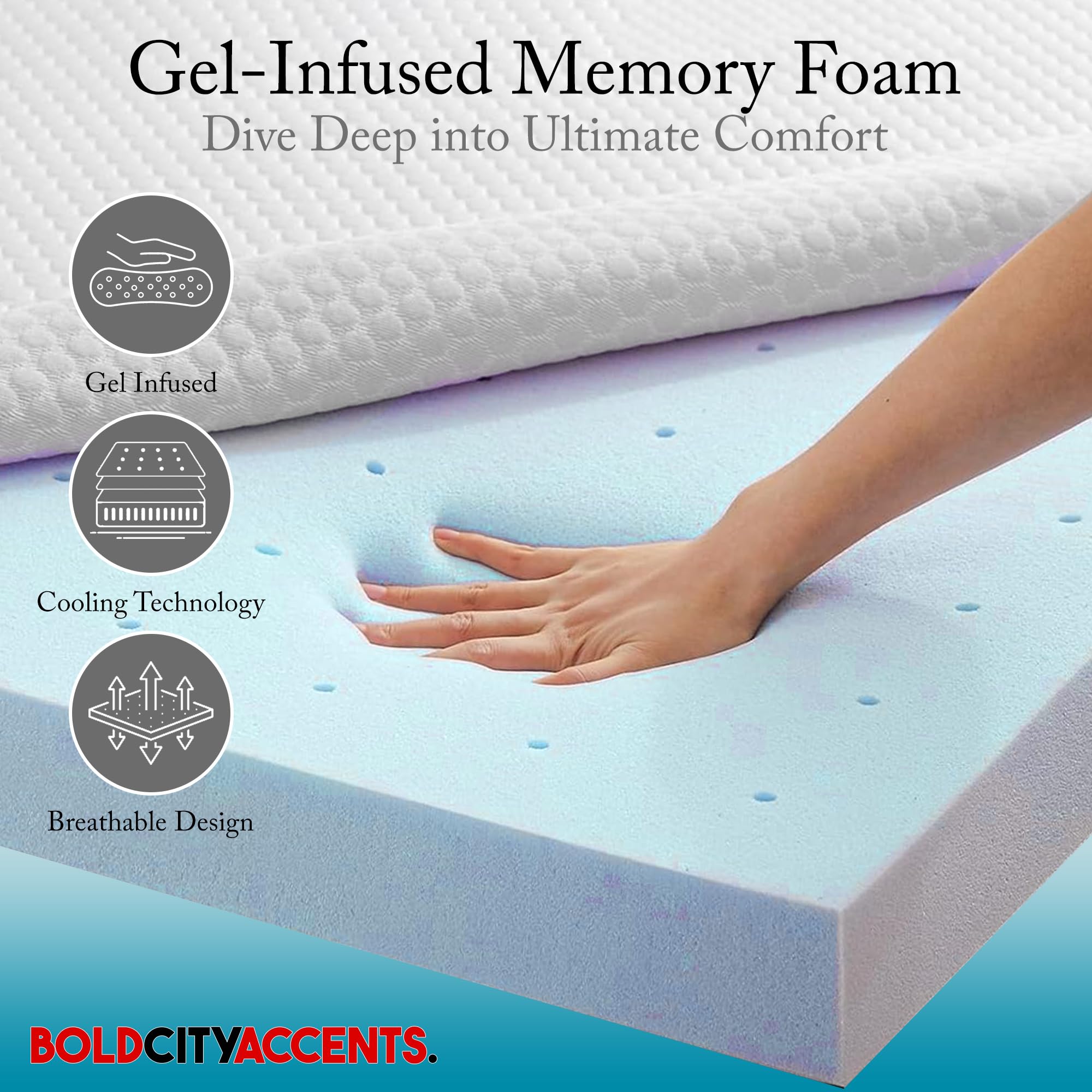 Bold City Accents Memory Foam Mattress Topper - 2 Inch Gel Infused Medium Soft Full Size Mattress Topper - Cooling Mattress Topper Full, CertiPUR-US Certified