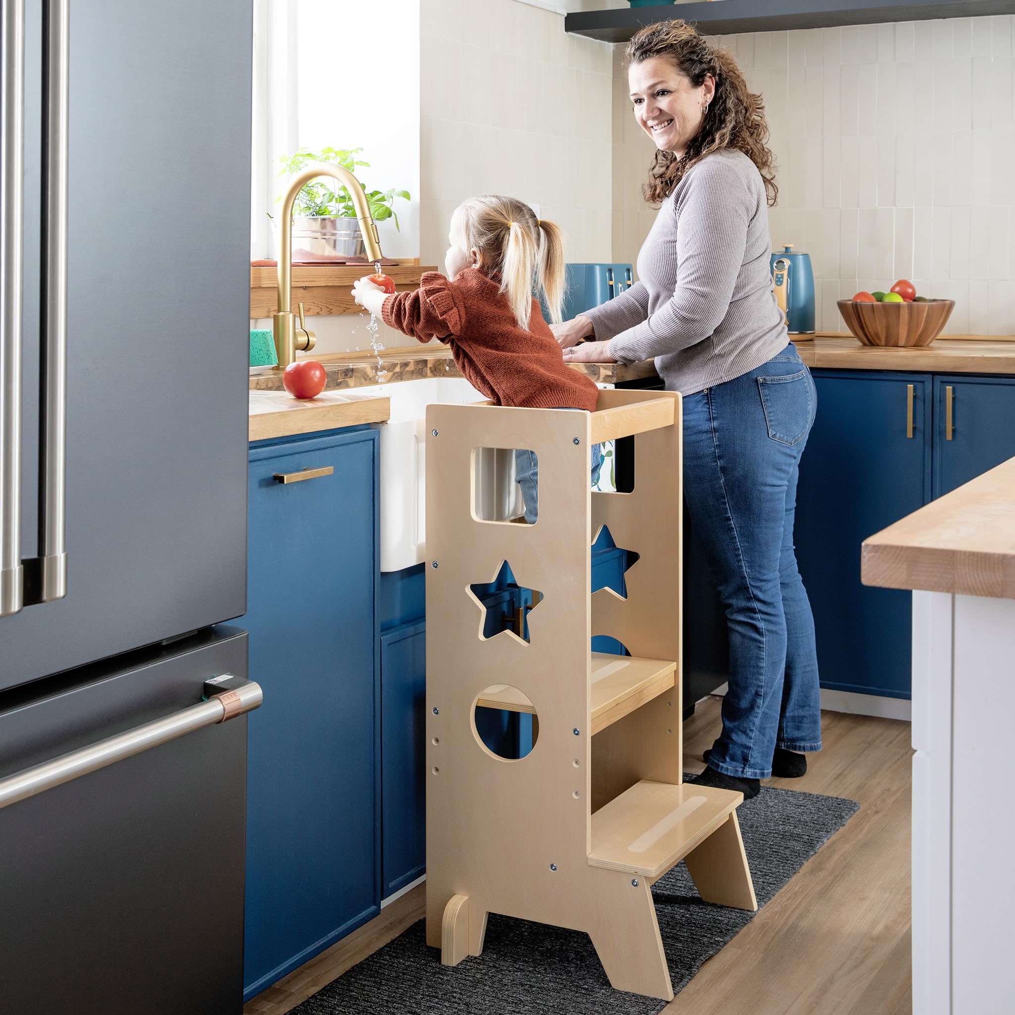 Guidecraft Jr. Classic Kitchen Helper Step-Up - Natural: Montessori Toddler Tower for Kids | Adjustable Height Wooden Learning Step Stool for Bathroom and Cooking