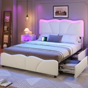 msmask full size bed frame with 4 storage drawers and led lights, velvet upholstered platform bed frame with height adjustable headboard, led bed frame with type c & usb, no box spring needed, white