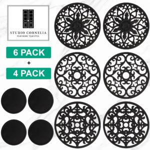 Studio Cornelia's 6 Decorative Heat Resistant Silicone Trivet Mats for Hot Pots, Pans and Dishes + 4 Coasters - Trivets Protect a Kitchen Table, Quartz Counter or Large Countertops from Heat