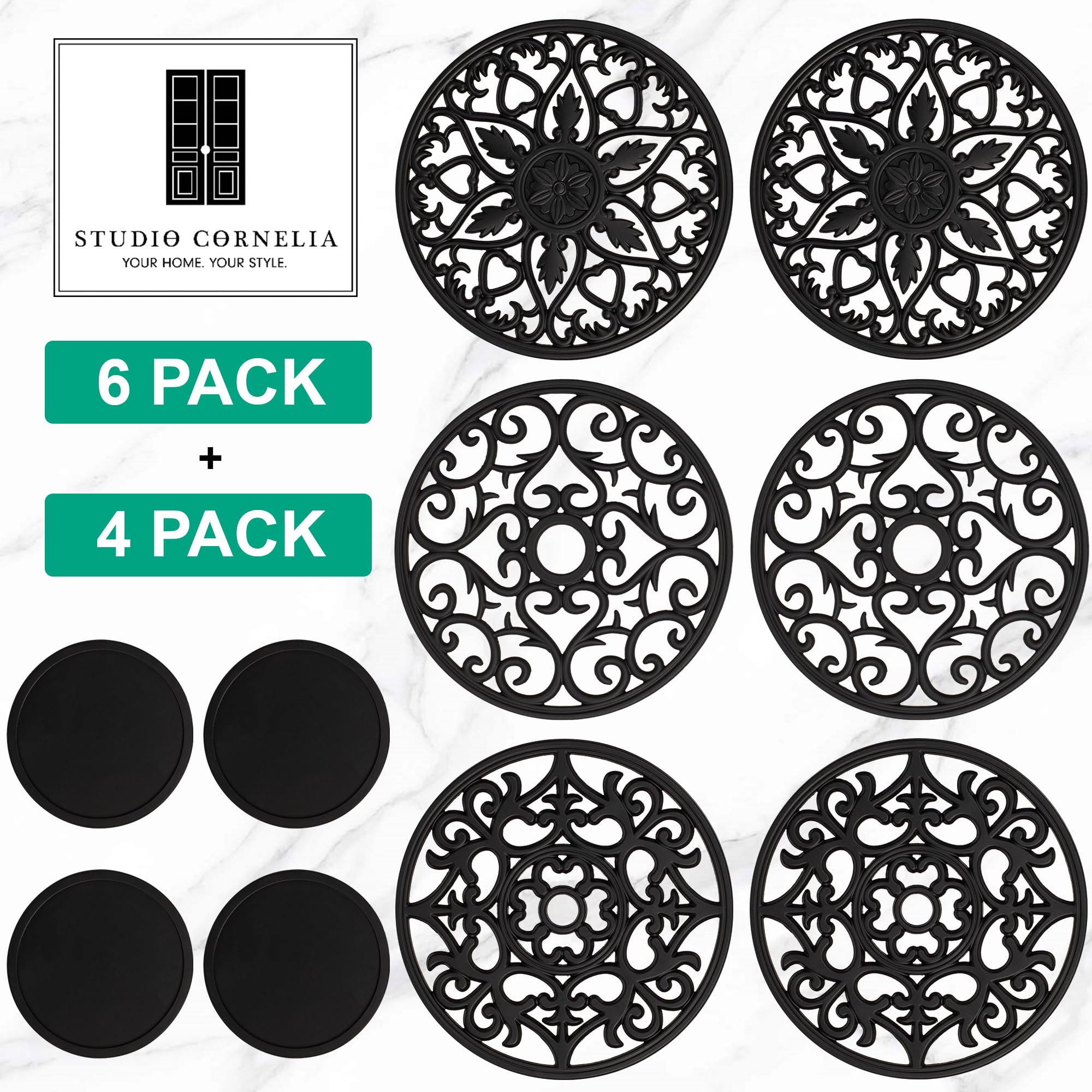 Studio Cornelia's 6 Decorative Heat Resistant Silicone Trivet Mats for Hot Pots, Pans and Dishes + 4 Coasters - Trivets Protect a Kitchen Table, Quartz Counter or Large Countertops from Heat