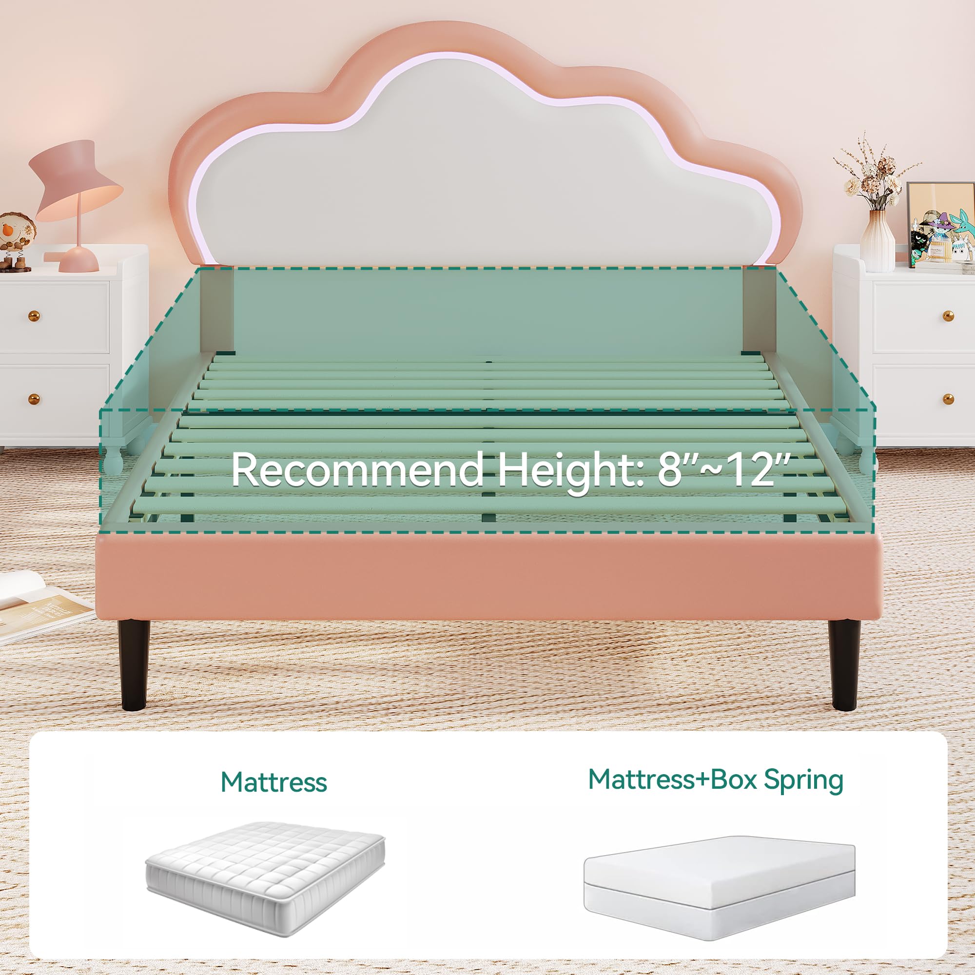 YITAHOME Full Size Bed Frame, LED Bed Frame with PU Faux Leather Adjustable Cloud Headboard, Platform Upholstered Bed Frame with Wooden Slats Support, No Box Spring Needed, Easy Assembly, Pink