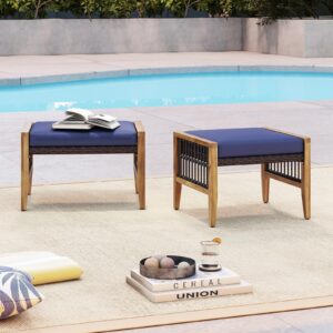 HAPPYGRILL 2 Pieces Outdoor Patio Ottomans, Acacia Wood Outdoor Footstools with Removable Cushions, Multifunctional Outdoor Wicker Footrest, Additional Sating, Navy