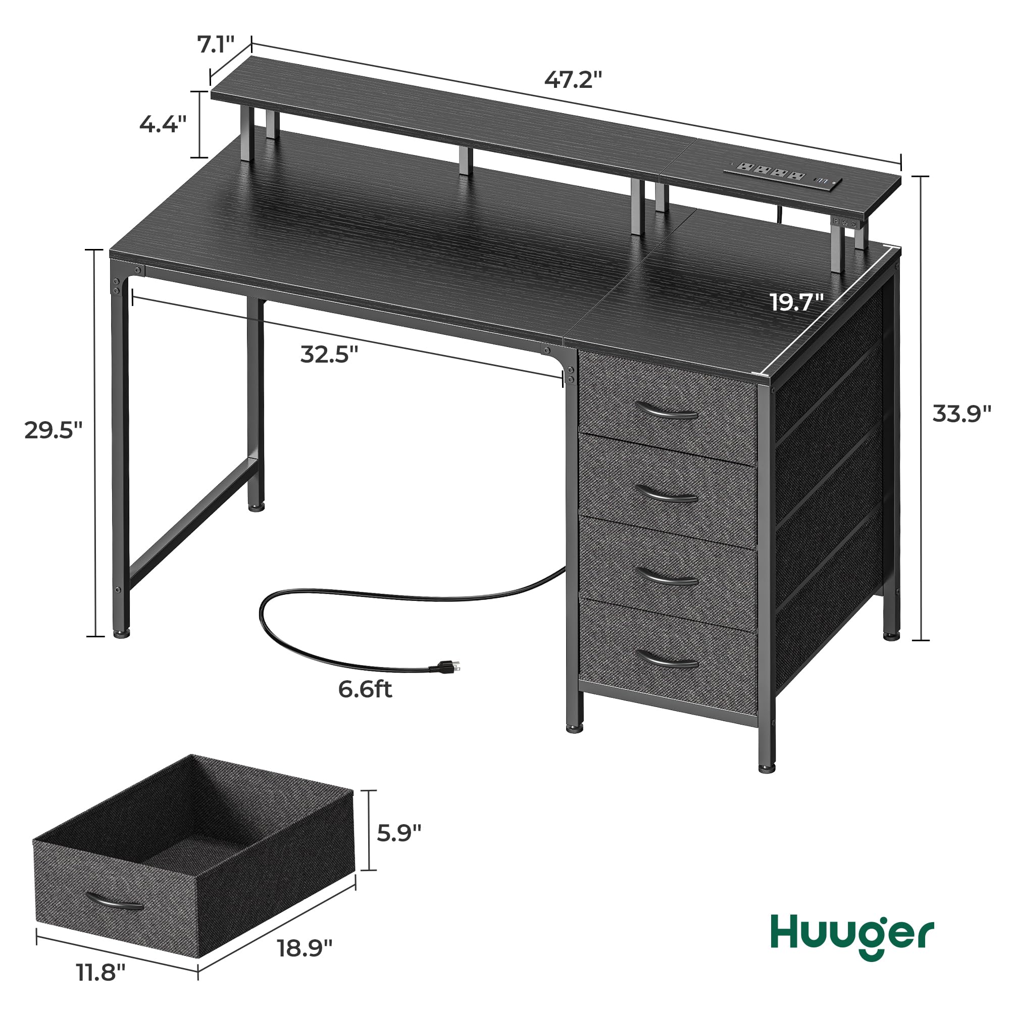 Huuger 47 Inch Computer Desk with Power Outlets and LED Lights, Gaming Desk with 4 Drawers, Office Desk with Monitor Stand, Study Desk Work Desk for Home Office, Small Spaces, Black