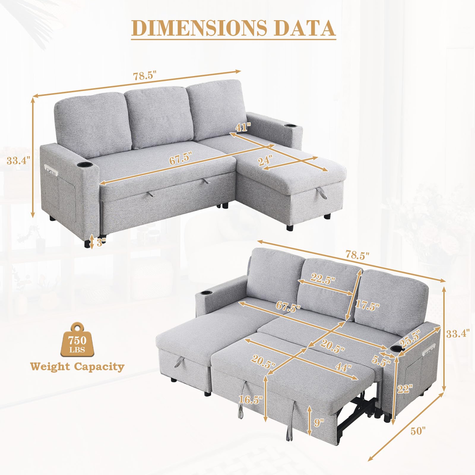 JEEOHEY 78.5" L Shape Couch Sofa,Linen Convertible Modular Sectional 3 Seater Couch w/Reversible Storage Chaise&Cup Holder,Sleeper Pull Out Sofa Bed for Living Room,Apartment,Small Place(Light Grey)