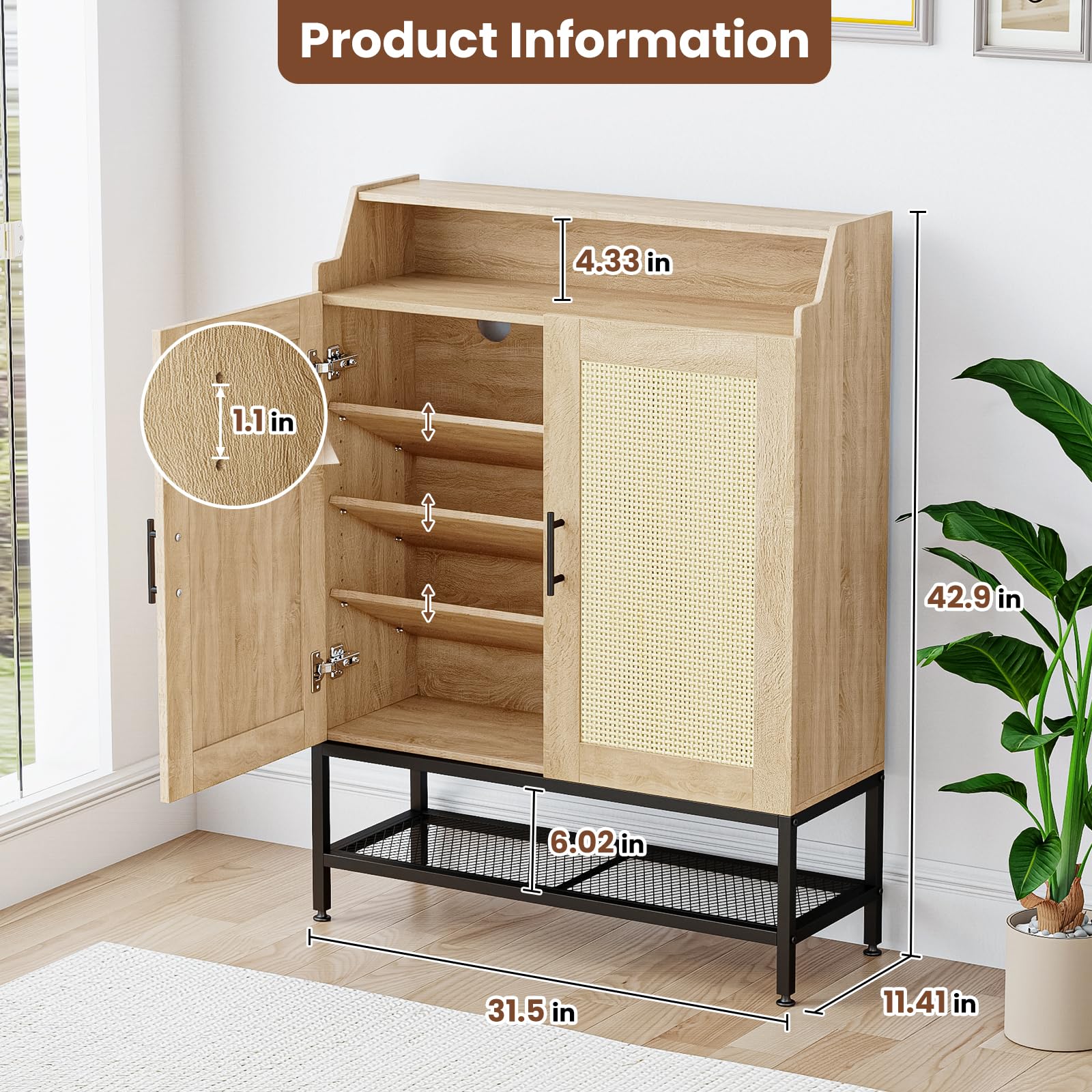 7-Tier Shoe Storage Cabinet with Rattan Doors, Shoe Rack Organizer Cabinet with Adjustable Shelves & Buffer Hinge, Freestanding Narrow shoe cabinet storage with Anti-tip Fitting for Entryway, Hallway