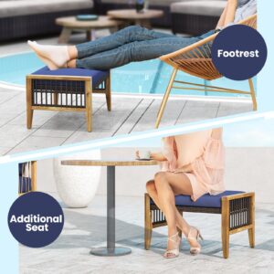 HAPPYGRILL 2 Pieces Outdoor Patio Ottomans, Acacia Wood Outdoor Footstools with Removable Cushions, Multifunctional Outdoor Wicker Footrest, Additional Sating, Navy