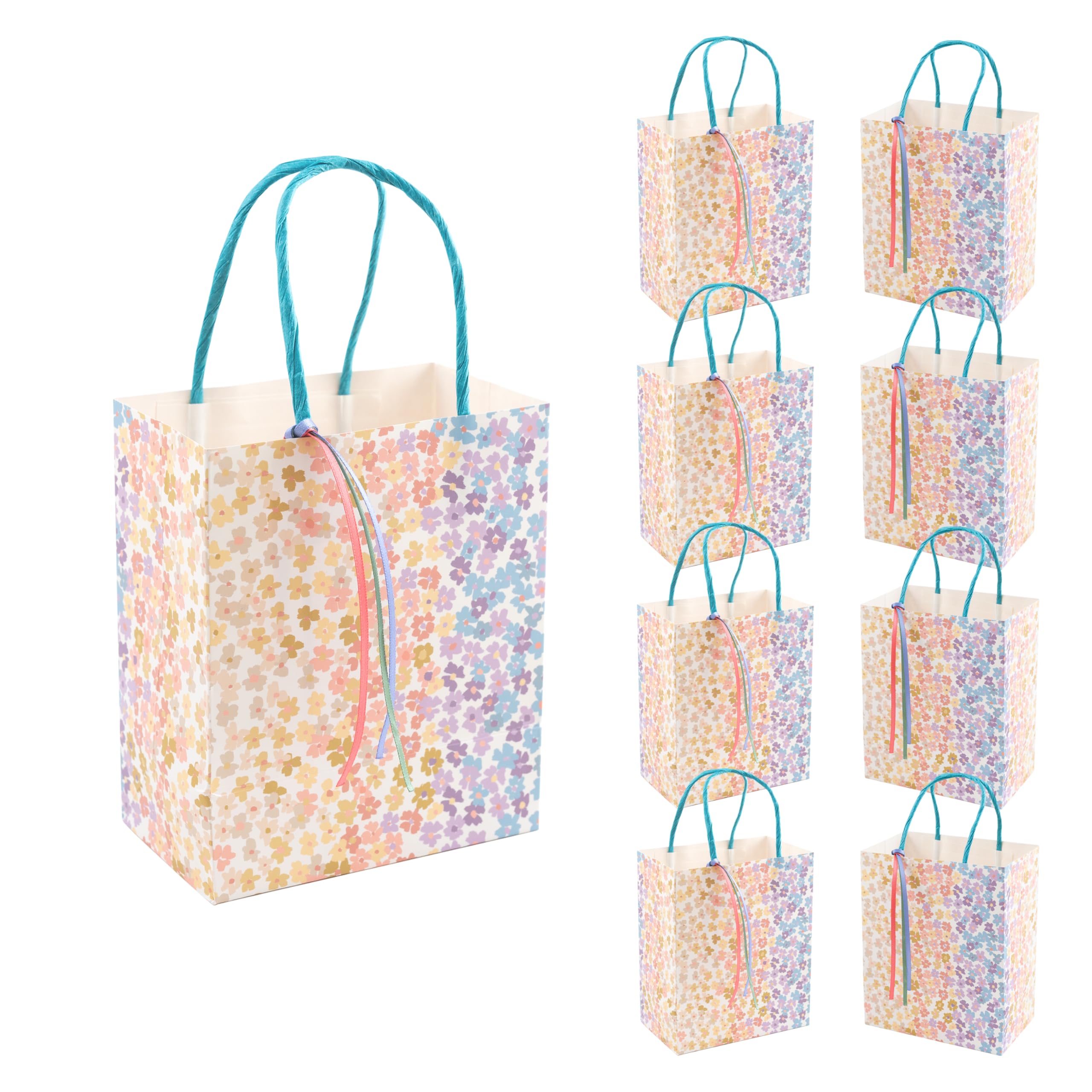 Cheerland Floral Gift Bags with Ribbons Colorful Daisy Paper Goodie Bag Tea Party Pastel Candy Bags Baby Shower Flower Kids Birthday Girls Fairy Garden Party Supplies & Favors - Pack of 8