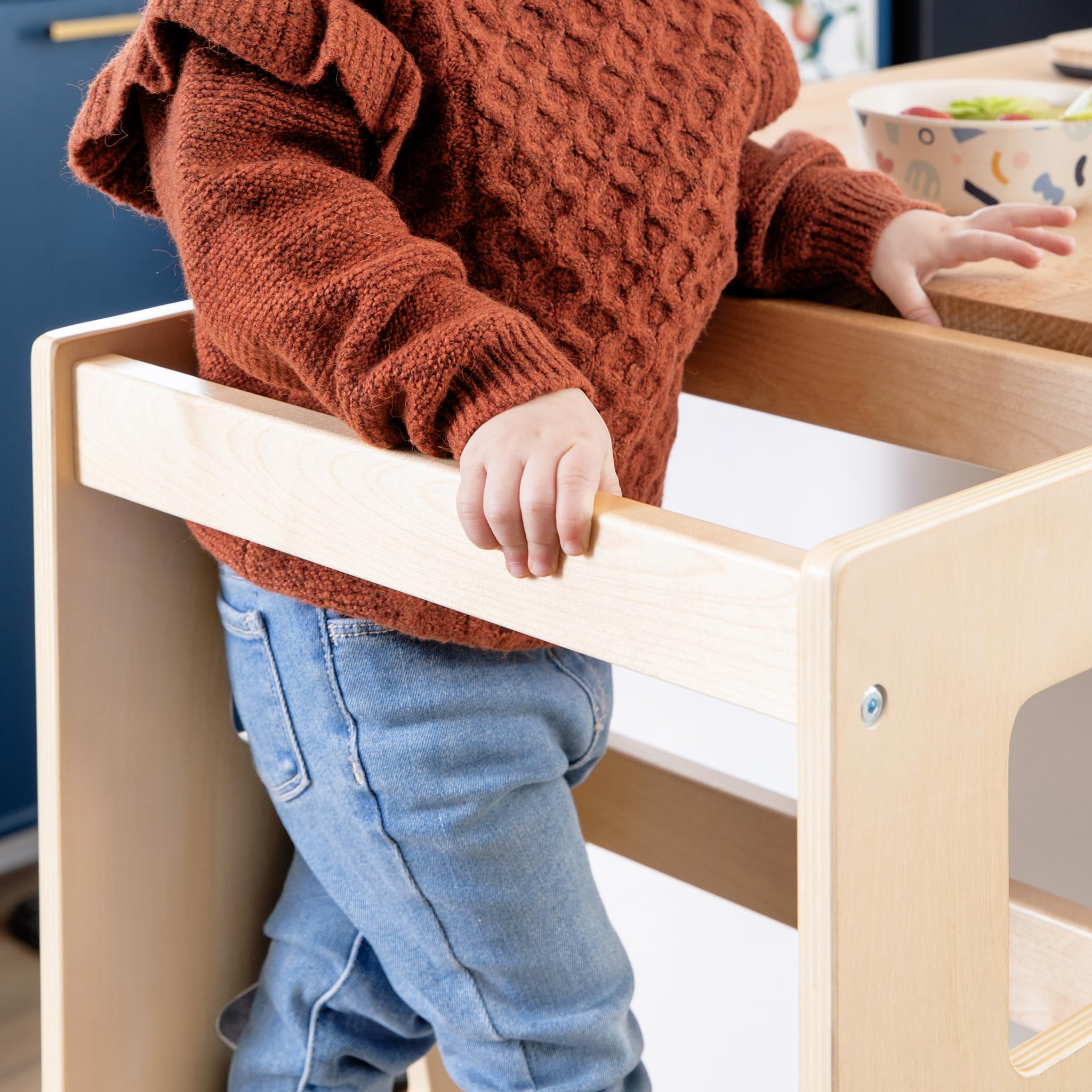 Guidecraft Jr. Classic Kitchen Helper Step-Up - Natural: Montessori Toddler Tower for Kids | Adjustable Height Wooden Learning Step Stool for Bathroom and Cooking