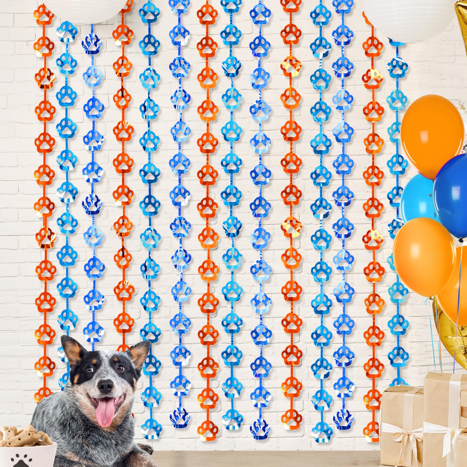 LOLStar Blue Dog Birthday Party Supplies, 2 Packs of 3.3X6.6 ft Orange Blue and Light Blue Dog Paw Foil Fringe Curtains,Blue and Orange Backdrop,Photo Booth Prop for Blue Dog Themed Party Decorations